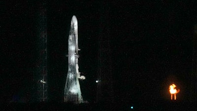 Blue Origin's New Glenn rocket is seen on Launch Complex 36 shortly before the launch attempt was scrubbed at the Cape Canaveral Space Force Station, Monday, Jan. 13, 2025, in Cape Canaveral, Fla.