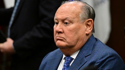 Former FirstEnergy CEO Charles Jones sits in the courtroom at the Summit County courthouse in Akron, Ohio on Tuesday, Feb. 13, 2024.