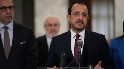 Cypriot President Nikos Christodoulides, speaks to journalists after he met with his Lebanese counterpart Joseph Aoun, at the presidential palace in Baabda, east of Beirut, Lebanon, Friday, Jan. 10, 2025.