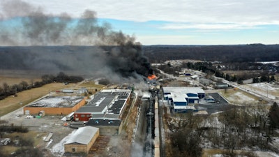 This photo taken with a drone shows portions of a Norfolk Southern freight train that derailed in East Palestine, Ohio, Feb. 4, 2023.