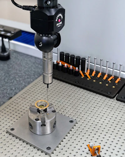 Bowman has configured a lathe chuck as a workholding device that can be fixtured onto the CMM's base plate for securely retaining washers and other awkwardly shaped components for inspection.