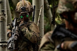 A soldier using the L3Harris produced Enhanced Night Vision Goggle – Binocular.