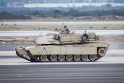 Military tank M1 Abrams in action at an airfield in San Diego, CA.