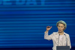 European Commission President Ursula von der Leyen speaks at the historic synchronization of the Baltic states with the EU electricity system activation ceremony of the 'Baltic Energy Independence Day' in Vilnius, Lithuania, Sunday, Feb. 9, 2025.