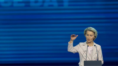 European Commission President Ursula von der Leyen speaks at the historic synchronization of the Baltic states with the EU electricity system activation ceremony of the 'Baltic Energy Independence Day' in Vilnius, Lithuania, Sunday, Feb. 9, 2025.