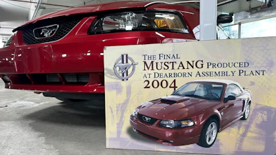 The final Ford Mustang that was produced at Dearborn Assembly Plant in 2004, part of Ford Motor Co.’s Heritage Fleet, is on display Wednesday, March 12, 2025, in Dearborn, Mich.