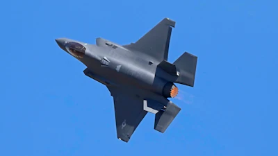 U.S. Air Force fighter aircraft F-35 performs aerobatic maneuvers on the third day of the Aero India 2025, a biennial event, at Yelahanka air base in Bengaluru, India, Wednesday, Feb. 12, 2025.