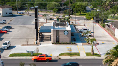 An aerial view shows a 3D printed Starbucks building Monday, April 28, 2025, in Brownsville, Texas.