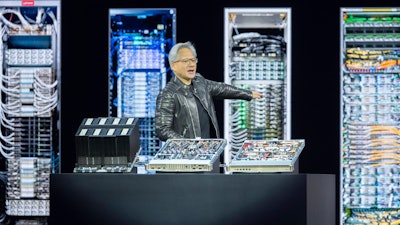 CEO Jensen Huang talks during the keynote address of Nvidia GTC Tuesday, March 18, 2025, in San Jose, Calif.