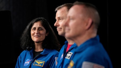 Astronauts Suni Williams, from left, Nick Hague, and Butch Wilmore are interviewed at Johnson Space Center on Monday, March 31, 2025, in Houston.