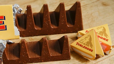 Two bars of the Toblerone Swiss chocolate are pictured in London, Tuesday, Nov. 8, 2016.