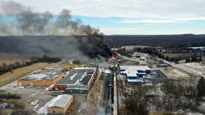 This photo taken with a drone shows portions of a Norfolk Southern freight train that derailed in East Palestine, Ohio, Feb. 4, 2023.