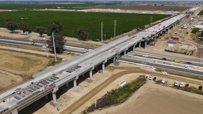 The Hanford Viaduct construction site is shown in an aerial view, Tuesday, April 15, 2025, in Kings County, Calif.