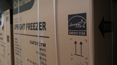 An Energy Star logo is displayed on a box for a freezer Jan. 21, 2025, in Evendale, Ohio.