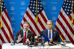 U.S. Trade Representative Jamieson Greer, left, and U.S. Treasury Secretary Scott Bessent at a press conference in Geneva, Switzerland, May 12, 2025.