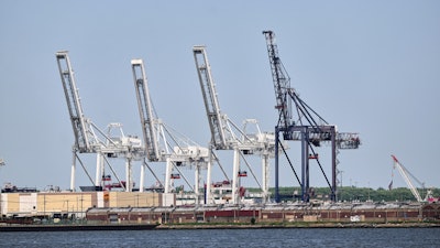 Container cranes sit idle at the port of New York & New Jersey, Bayonne, N.J., May 12, 2025.