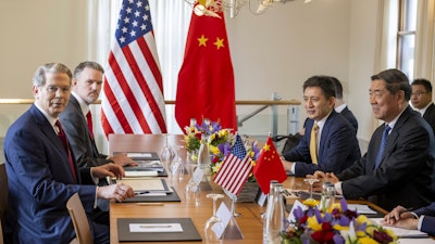 U.S. Secretary of the Treasury Scott Bessent, left, U.S. Trade Representative Jamieson Greer, second left, Chinese ambassador to the World Trade Organization Li Chenggang, second right, and Chinese Vice Premier He Lifeng, right, attend a bilateral meeting between the United States and China, in Geneva, Switzerland, on Saturday, May 10, 2025.