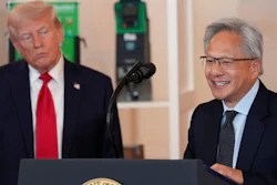 President Donald Trump listens as Nvidia CEO Jensen Huang speaks during an event about investing in America in the Cross Hall of the White House, Wednesday, April 30, 2025, in Washington.