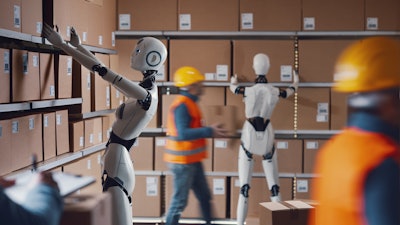 People and AI robots working together in a distribution warehouse.