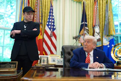 President Donald Trump, right, speaks during a news conference with Elon Musk in the Oval Office of the White House, Friday, May 30, 2025, in Washington.