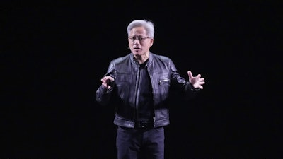 NVIDIA CEO Jensen Huang delivers his keynote address Wednesday, June 11, 2025 at the Vivatech fair in Paris.