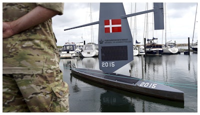 A Saildrone 'Voyager', uncrewed surface vehicle (USV), is moored at the Koge Marina in Koge, eastern Denmark, Monday, June 16, 2025.