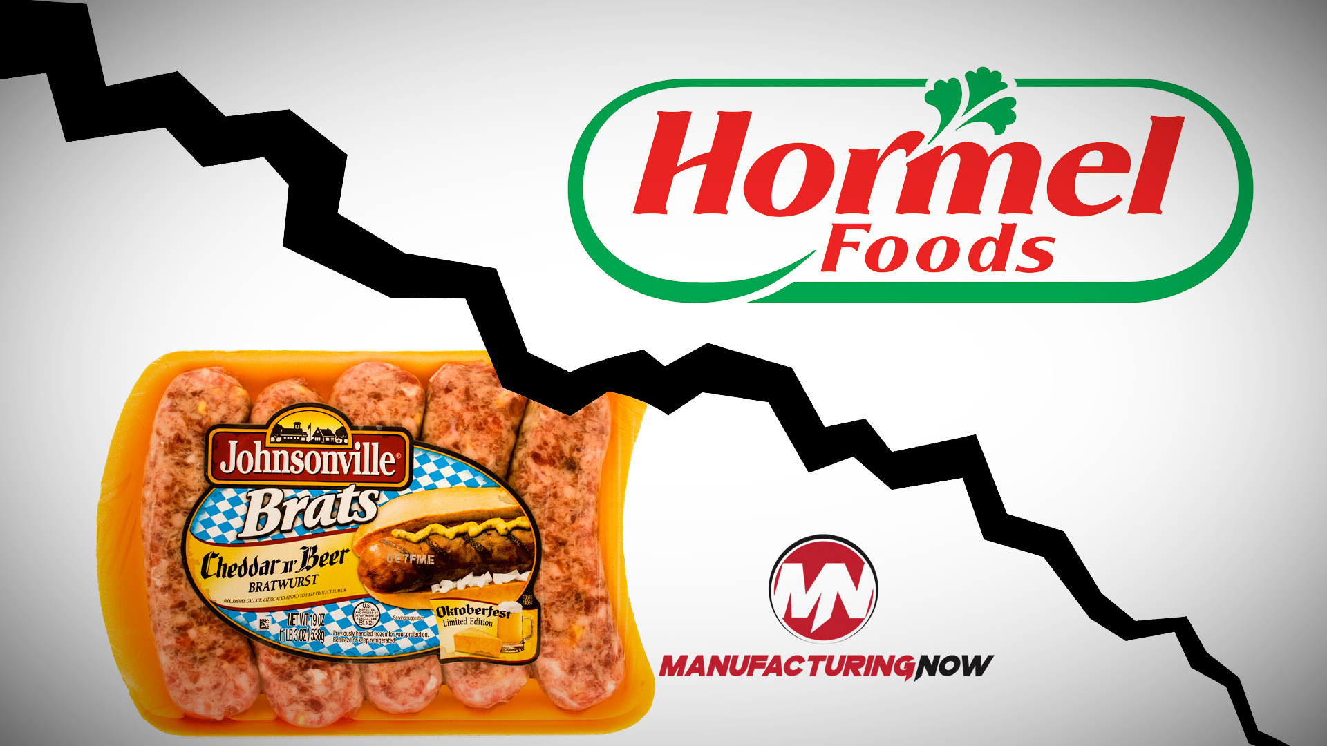 Hormel and Johnsonville food packaging with downward trending graph