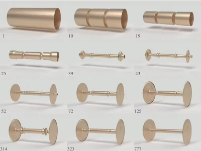 A computer simulation of the evolution from a roller to a wheel-and-axle structure. Each image represents a design evaluated by the algorithm. The search ultimately converges upon the familiar wheel-and-axle design.