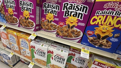 Boxes of Kellogg's breakfast cereal are seen at a super market, July 11, 2025, Springfield, Pa.
