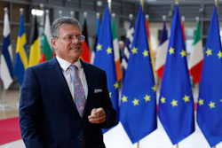 European Commissioner for Trade and Economic Security Maros Sefcovic arrives for a meeting of EU trade ministers at the European Council building, Brussels, May 15, 2025.