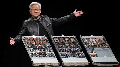 President and CEO of Nvidia Corporation Jensen Huang delivers a speech during the Computex 2025 exhibition in Taipei, Taiwan, Monday, May 19, 2025.