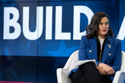 Michigan Gov. Gretchen Whitmer speaks with former television journalist Gretchen Carlson, not shown, at an event on April 9, 2025, in Washington.