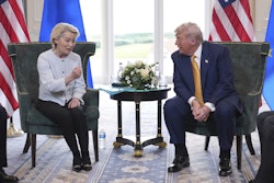 President Donald Trump and European Commission President Ursula von der Leyen speak as they meet at the Trump Turnberry golf course in Turnberry, Scotland Sunday, July 27, 2025.