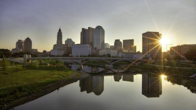 The sunrise in Columbus, Ohio along the Scioto River.