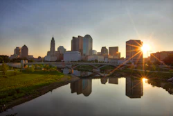 The sunrise in Columbus, Ohio along the Scioto River.