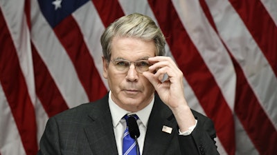 U.S. Treasury Secretary Scott Bessent during a press conference after the trade talks between the U.S. and China in Stockholm, Sweden, Tuesday, July 29, 2025.