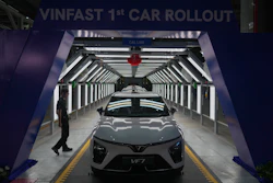 A Vinfast VF 7 electric vehicle model is seen at the plant in Thoothukudi, in the southern Indian state of Tamil Nadu, Monday, Aug. 4, 2025.