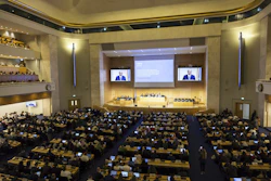 Chair of the International Negotiating Committee Luis Vayas Valdivieso delivers remarks at the European headquarters of the United Nations, Geneva, Switzerland, Aug. 5, 2025.