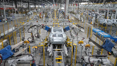 A car frame welded by robots at a Vinfast factory in Hai Phong, Vietnam, Sept. 29, 2023.