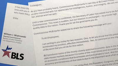 Part of an email to Bureau of Labor Statistics employees from William Wiatrowski, obtained by the Associated Press, photographed on Aug. 12, 2025.