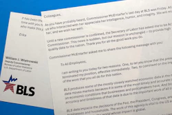 Part of an email to Bureau of Labor Statistics employees from William Wiatrowski, obtained by the Associated Press, photographed on Aug. 12, 2025.