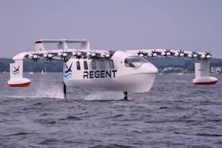 The REGENT Viceroy Seaglider, a winged passenger ferry, glides over the surface of Narragansett Bay on a test run, Wednesday, Aug. 6, 2025, off the coast of North Kingstown, R.I.