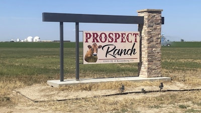 A sign stands at Prospect Ranch outside of Prospect Valley Dairy east of Keenesburg, Colo., Aug. 21, 2025.