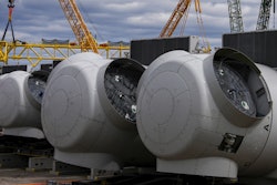 Wind turbine components sit at New London State Pier, April 16, 2025, in New London, Conn.