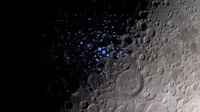 Dark craters on the Moon, parts of which are indicated here in blue, never get sunlight. Scientists think some of these permanently shadowed regions could contain water ice.