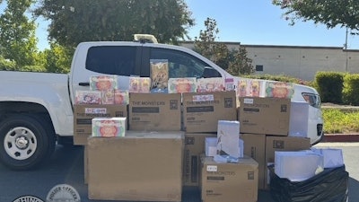 This image released by the City of Chino Police Department on Monday, Aug. 11, 2025, shows boxes of stolen Labubus that were recovered in Upland, Calif.
