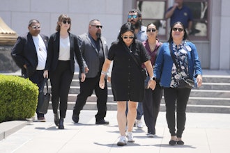 Gloria Cazares, right, holds hands with Veronica Mata during a break in a court hearing in a lawsuit between victims' families in the 2022 Uvalde, Texas school shooting and Meta Platforms on Friday, July 18, 2025, in Los Angeles.