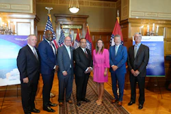 Pictured, from left, Jay Chesshir, president and CEO of the Little Rock Regional Chamber; Little Rock Mayor Frank Scott Jr.; Vipul Mathur, managing director and CEO of Welspun Corp; Arkansas Governor Sarah Huckabee Sanders; Arkansas Secretary of Commerce Hugh McDonald; and Clay McGeorge, chair of the Little Rock Port Authority's Board of Directors.