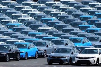 Export vehicles are parked at Daikoku Pier in Yokohama, near Tokyo, April 8, 2025.