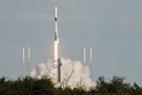 A SpaceX Falcon 9 rocket on a mission to bring supplies to the International Space Station lifts off from complex 40 at the Cape Canaveral Space Force Station in Cape Canaveral, Fla., Sunday, Sept. 14, 2025.